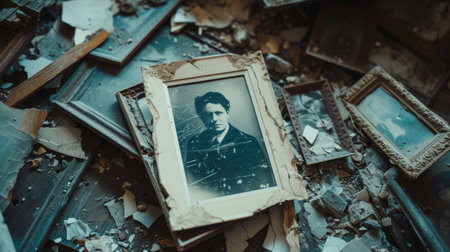 a broken family photograph lying torn edges and faded colors AI generatedの素材