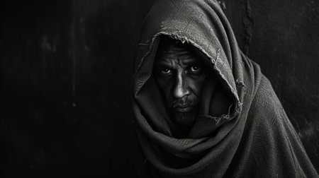 poverty homeless man huddled in a dark alley wrapped in blanket pain of rejection and abandonment AI generatedの素材