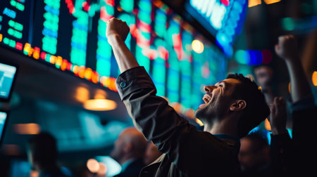 Successful Trader Celebrating on a Busy Trading Floor with Screens and Charts. AI generatedの素材