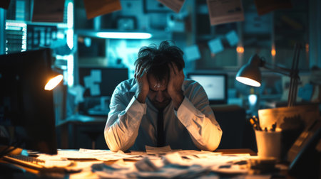 A Trader Holding Their Head with Computer Screens and Documents on Desk. AI generatedの素材
