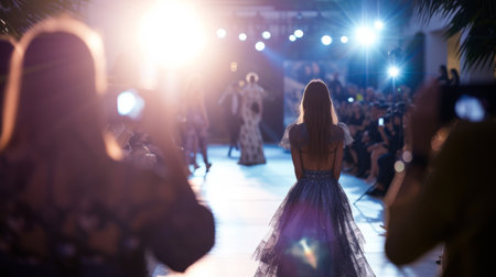 a high end fashion show with female models wearing designer clothes on runway. AI generatedの素材