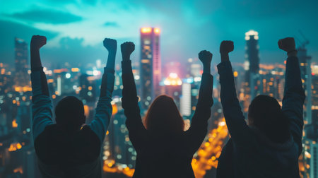 Investors celebrating stock market success with city skyline stock market profit AI generatedの素材