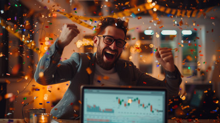 investor celebrating Laptop showing profit charts and confetti celebration AI generatedの素材