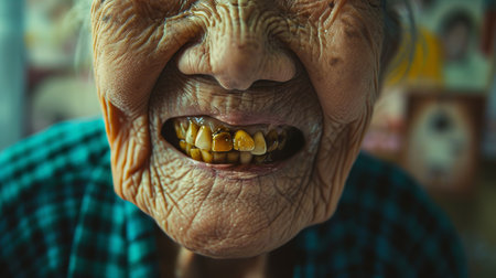 Sad smile of an old woman with yellow teeth and family pictures behind her. AI generatedの素材