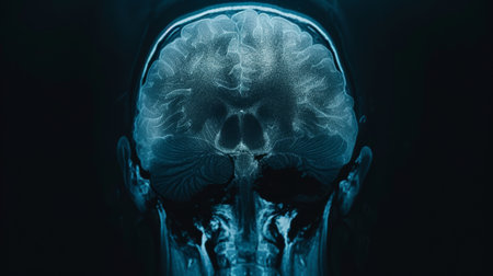 Brain x-ray showing trauma-related hemorrhage, fracture, and edema AI generatedの素材