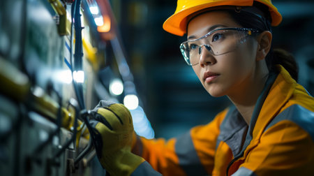 Concentrated materials engineer using ultrasonic device to test composite panel AI generatedの素材