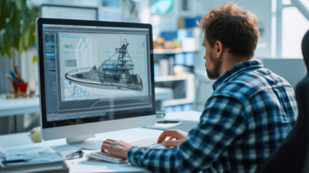 Marine engineer using CAD software to design yacht propulsion system AI generatedの素材