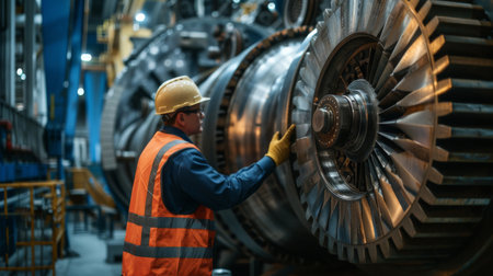 Engineer in Safety Gear Checking Industrial Machine with Gears AI generatedの素材