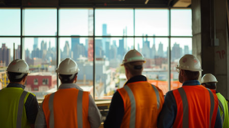 Safety Training for Construction Workers by Engineers on High Rise Site AI generatedの素材