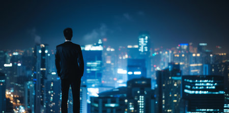 Successful businessman standing on roof with city lights AI generatedの素材