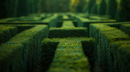 A labyrinth of hedges with intricate routes and angles challenging the viewerâs spatial awareness AI generatedの素材
