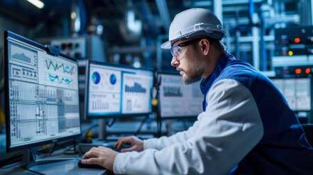 Production Data Analysis by Industrial Engineer in Manufacturing Control Room AI generatedの素材