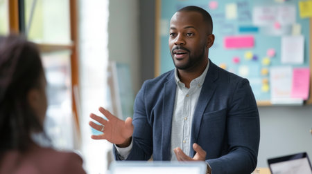 a startup founder conducting a workshop on goal setting and vision alignment AI generatedの素材