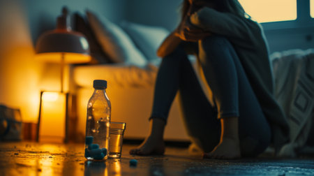 Woman in pain holding their jaw on the floor with pain medication and water. AI generatedの素材
