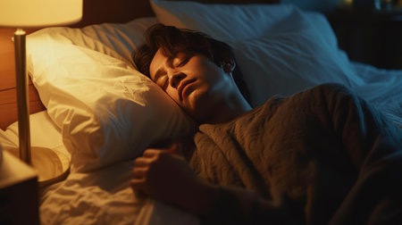 man lying in bed their face with discomfort, while a fever and soft light of a bedside lamp. AI generatedの素材
