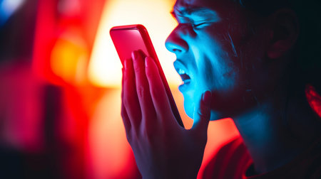 A man in agony holding a phone with a dentist number in a dark room AI generatedの素材