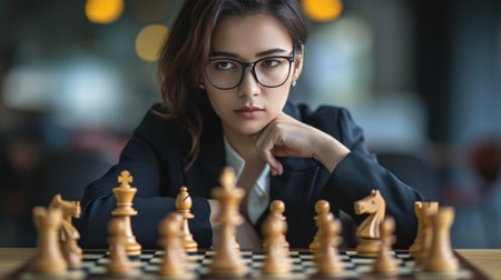 A woman sketching a solution to a chess problem on a paper. AI generatedの素材