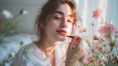 A woman putting on lipstick in the morning light with flowers and linens. AI generatedの素材