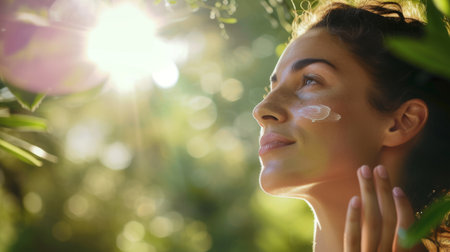 A woman applying sunscreen before yoga in a natural setting. AI generatedの素材