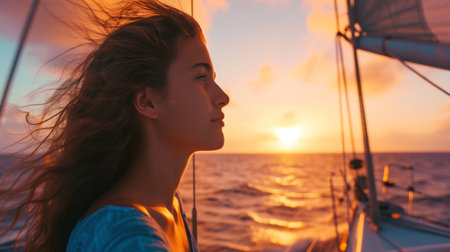 Woman putting on sunscreen before sailing in the ocean at dawn AI generatedの素材