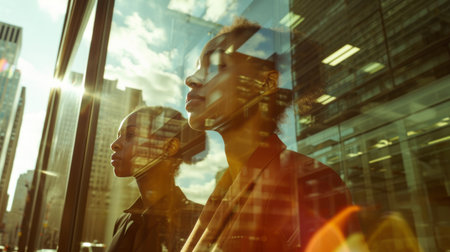 two black women seen through a window reflecting the cityscape challenge and opportunitie AI generatedの素材