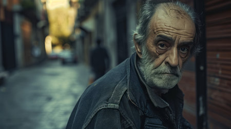 homeless old man standing in a narrow, sunlit street facing mental illness, alzheimer, dementia, depression, grief AI generatedの素材