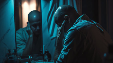 distress bald man sitting in front of a mirror facing mental illness, alzheimer, dementia, depression, grief AI generatedの素材