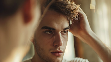 A man hand on head hair loss in his early 20s with reflection in the mirror AI generatedの素材