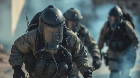 War A group of soldiers advancing through a battlefield, their faces masked with determination as they move forward to confront the enemy, exemplifying bravery and resolve.AI generatedの素材