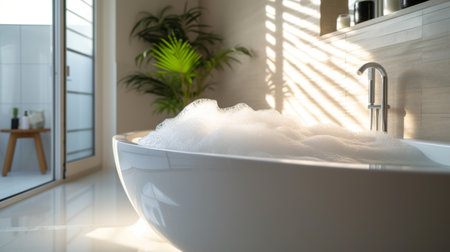 A modern, sleek bathroom boasting a spotless white bathtub brimming with bubbles. AI generatedの素材