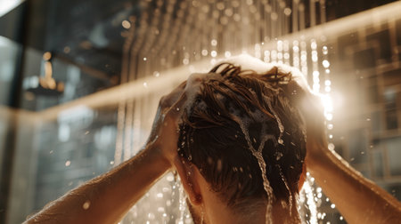 Washing hair in a modern bathroom. Man shampooing his hair under the sleek shower streams amid chrome fixtures and tiled walls.AI generatedの素材