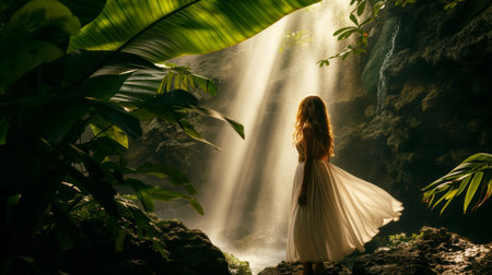A stunning woman model with silky, smooth hair posing under a falling waterfall, encircled by rich vegetation. AI generatedの素材
