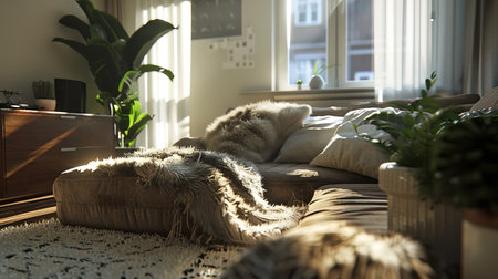 Loft interior design of modern living room, Scandinavian decor cozy sofa with faux fur throw blankets mid-century modern furnishings potted plants scattered around soft natural light filtering through sheer curtains AI generatedの素材