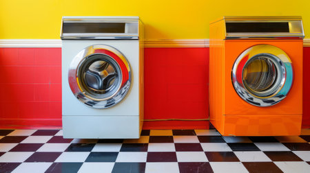 Mid-century modern interior design of laundry room two vibrant washing machines, one white and another orange, set against a contrasting red and yellow wall on a checkered floor. AI generatedの素材