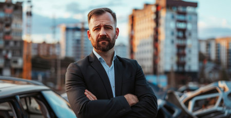 Car accident lawyer with Attorney at Crash Site city skyline in the background AI generatedの素材