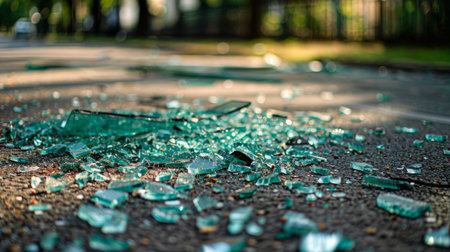 Road Safety Alert: Broken Glass from Vehicle Collision, Illuminated by Sunset, Emphasizing Urgency of Safe Driving Practices AI generatedの素材