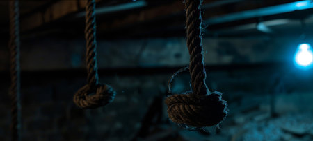 a dark basement with two  ropes hanging from above illuminated by a blue light AI generatedの素材