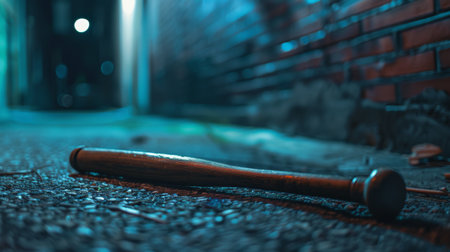 a wooden baseball bat on a  ground near a brick wall, under an eerie glow AI generatedの素材