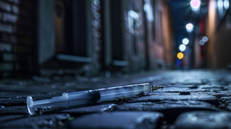 empty syringe in dark alley nighttime Crime and Danger Theme AI generatedの素材