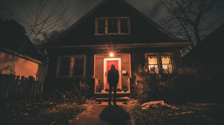 A criminal stealthily breaking into a house under the cover of darkness, highlighting vulnerability in a seemingly safe neighborhood AI generatedの素材