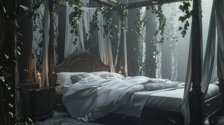 Gothic interior design bedroom with plant dark four-poster bed, light drapes, white bedding AI generatedの素材