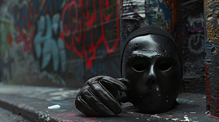 Graffiti Backdrop Crime Scene A ski mask and gloves, symbols of criminal activity AI generatedの素材