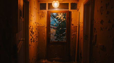 Broken Doorway in a Dark Hall, flickering light bulb Crime scene  AI generatedの素材