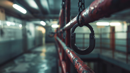 A pair of handcuffs dangle from a rusted metal railing, cold steel chains clinking AI generatedの素材
