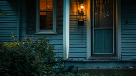 evening at a blue wooden house with a lantern casting soft shadows among the plant AI generatedの素材
