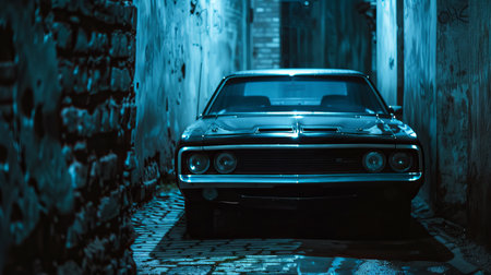 A lone car with engine humming, ready to bolt from a graffiti-scarred alley, the silent partner in crime. AI generatedの素材