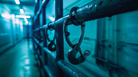 Crime tool a police booking area handcuffs clink against a metal railing AI generatedの素材
