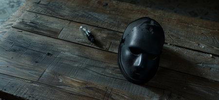 A dark basement room with a lone ski mask on a table. AI generatedの素材