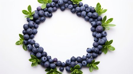 a circle of fresh blueberries and green leaves on a white background AI generatedの素材