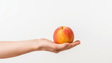a hand presenting a ripe peach with a minimalist white backdrop AI generatedの素材